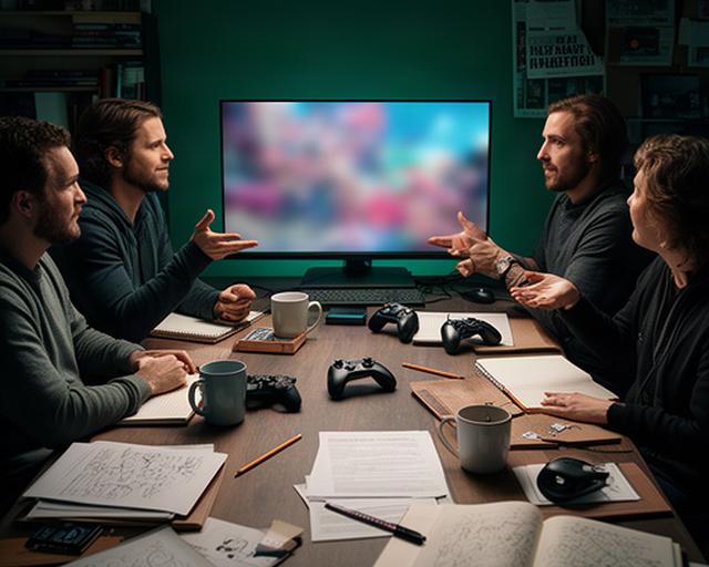 Game critics reviewing a new open-world title around a desk with controllers, notebooks, and a large monitor