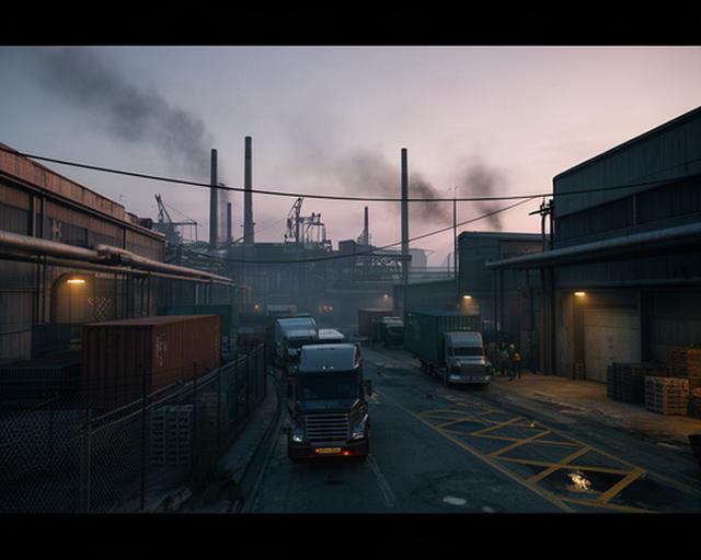 Industrial district in a crime simulation game at dusk with freight trucks and atmospheric smoke