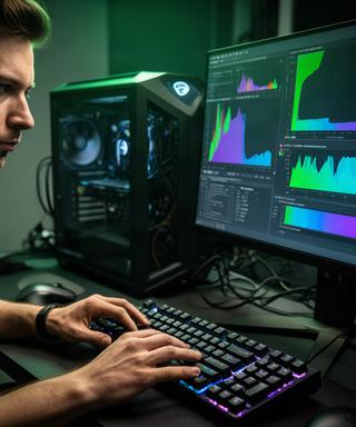 Game critic testing a PC build with a mechanical keyboard and performance monitor in a studio