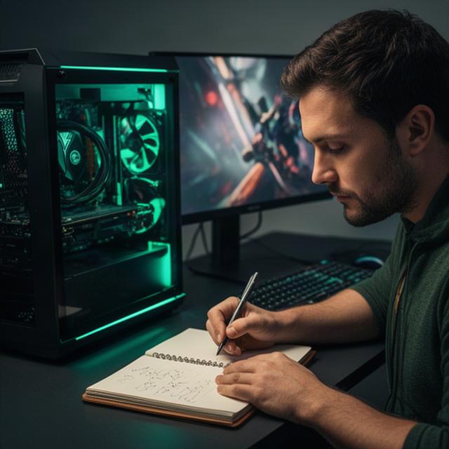 Game critic reviewing a tactical shooter with a notebook and PC hardware on a studio desk