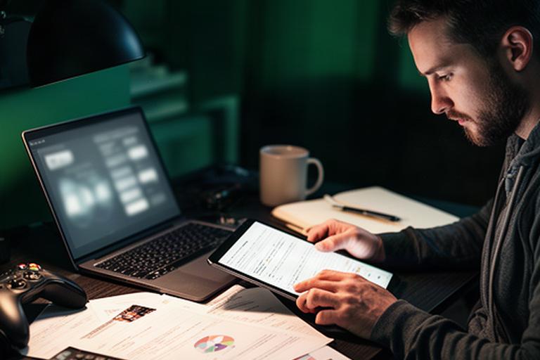 Game journalist studying publisher charts and patch notes at a dark Pennsylvania desk