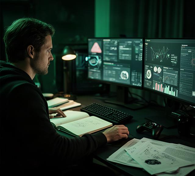 Gamer studying a dark monitor setup with a notebook of open-world game research