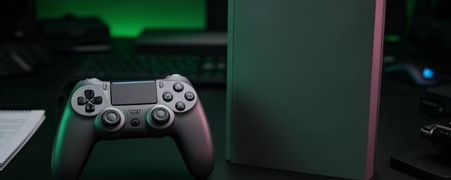 PS5 controller beside a role-playing game case on a dark gaming desk