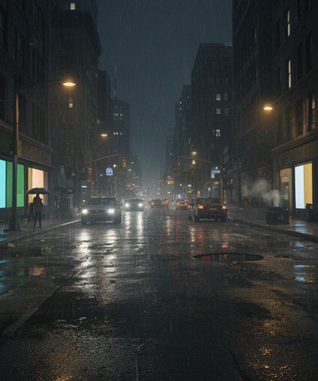 Nighttime open-world city street photographed during rain with glowing shop signs and passing traffic